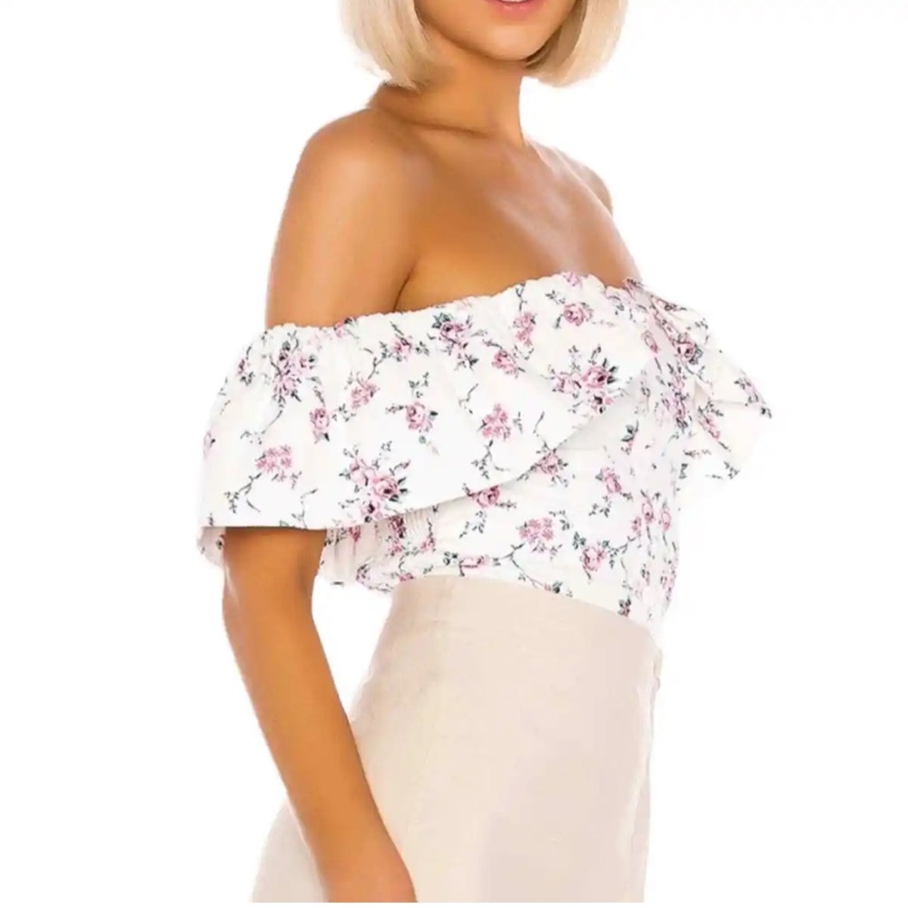 LPA Floral Linen Top White Blouse, Off Shoulder with button and ruffle detail
